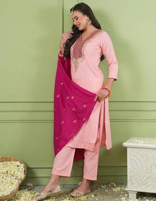 Peach silk embroidery kurta set with jacquard dupatta | readymade suit 2
