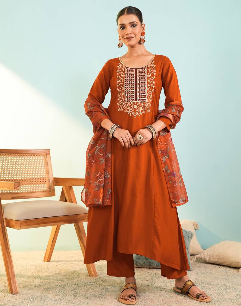Rust viscose silk kurta set with organza printed dupatta | readymade suit