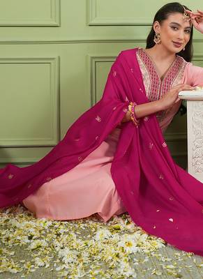 Peach silk embroidery kurta set with jacquard dupatta | readymade suit 4