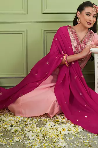 Peach silk embroidery kurta set with jacquard dupatta | readymade suit