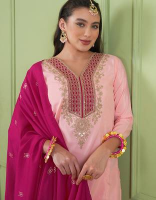 Peach silk embroidery kurta set with jacquard dupatta | readymade suit 5