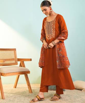 Rust viscose silk kurta set with organza printed dupatta | readymade suit 2