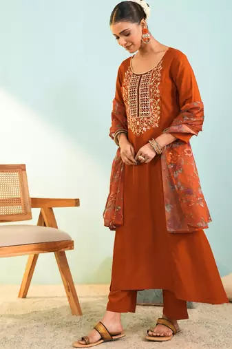 Rust viscose silk kurta set with organza printed dupatta | readymade suit