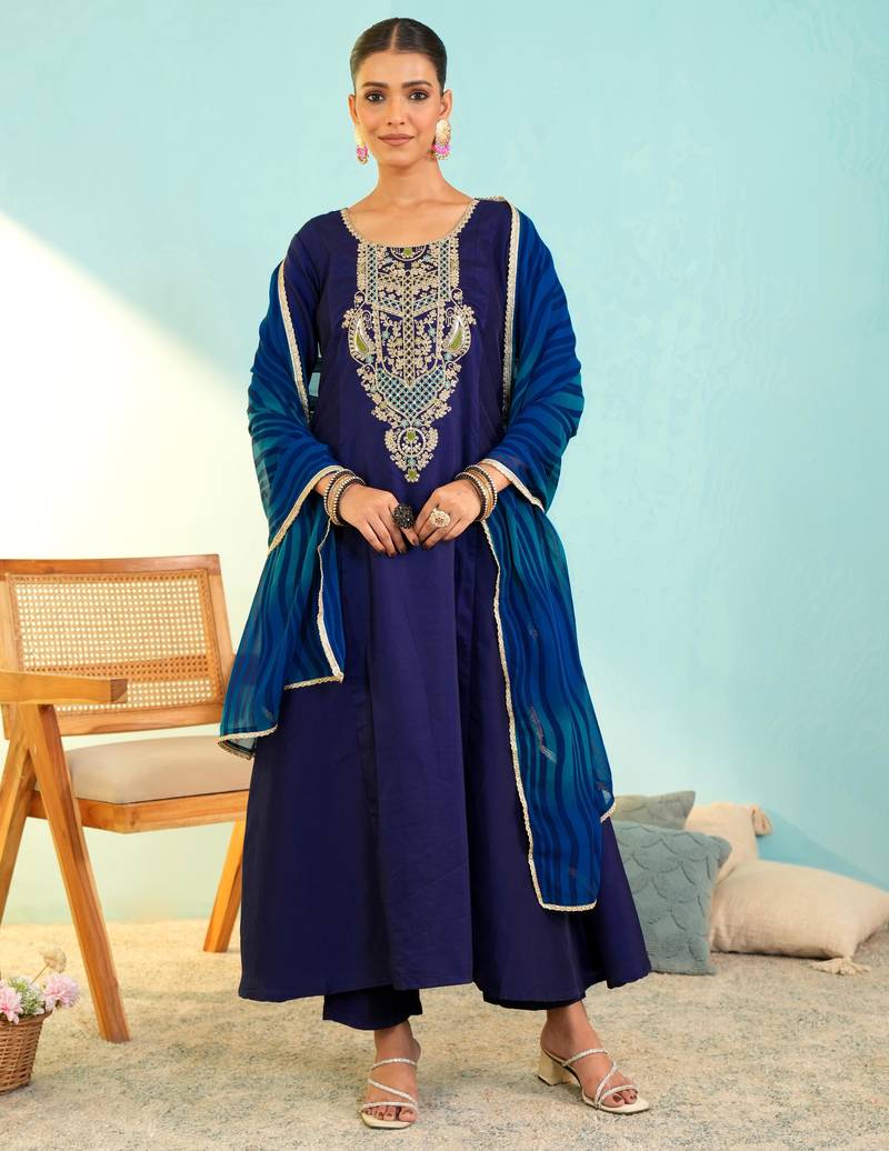 Blue viscose silk embroidery kurta set with georgette dupatta | salwar suit