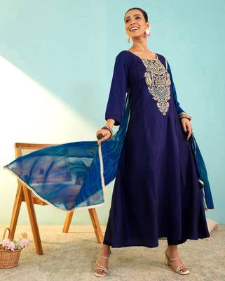 Blue viscose silk embroidery kurta set with georgette dupatta | salwar suit 2