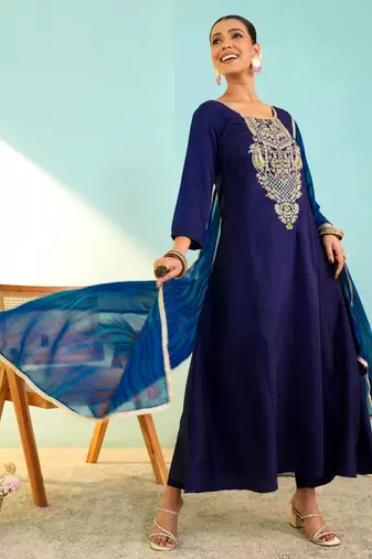 Blue viscose silk embroidery kurta set with georgette dupatta | salwar suit