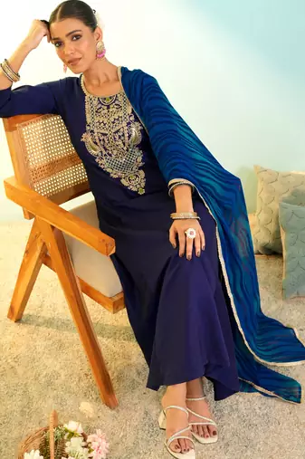 Blue viscose silk embroidery kurta set with georgette dupatta | salwar suit