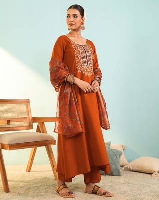 Rust viscose silk kurta set with organza printed dupatta | readymade suit 4