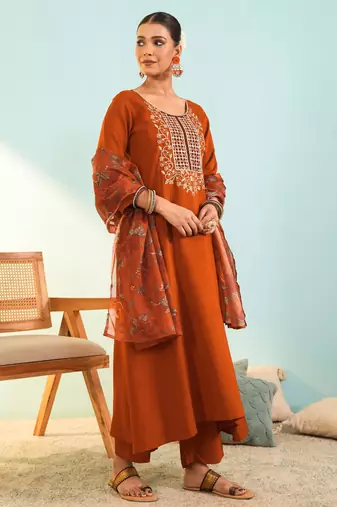 Rust viscose silk kurta set with organza printed dupatta | readymade suit