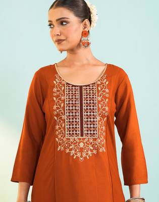 Rust viscose silk kurta set with organza printed dupatta | readymade suit 5