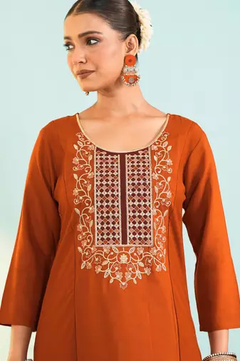 Rust viscose silk kurta set with organza printed dupatta | readymade suit