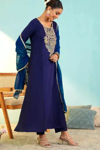 Blue viscose silk embroidery kurta set with georgette dupatta | salwar suit