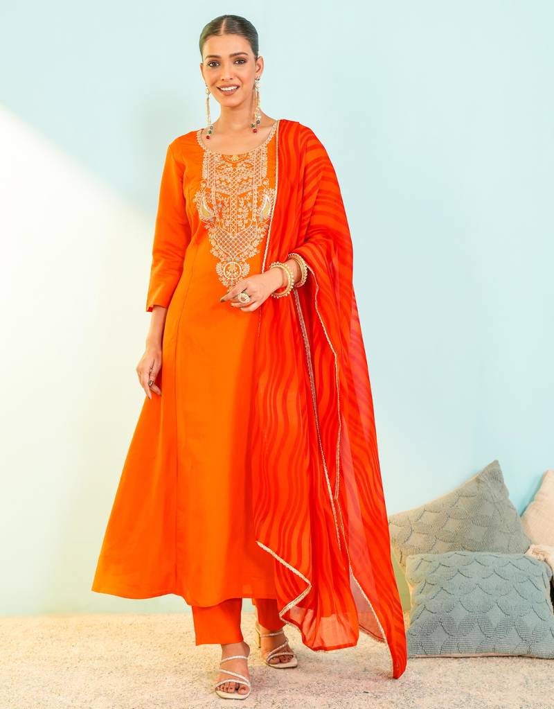 Orange viscose silk embroidery kurta set with georgette dupatta | salwar suit