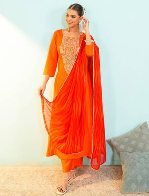 Orange viscose silk embroidery kurta set with georgette dupatta | salwar suit 4