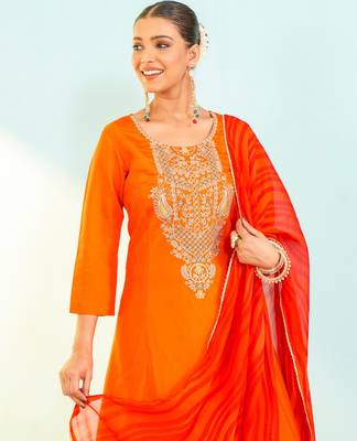 Orange viscose silk embroidery kurta set with georgette dupatta | salwar suit 5