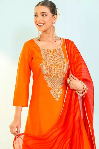 Orange viscose silk embroidery kurta set with georgette dupatta | salwar suit