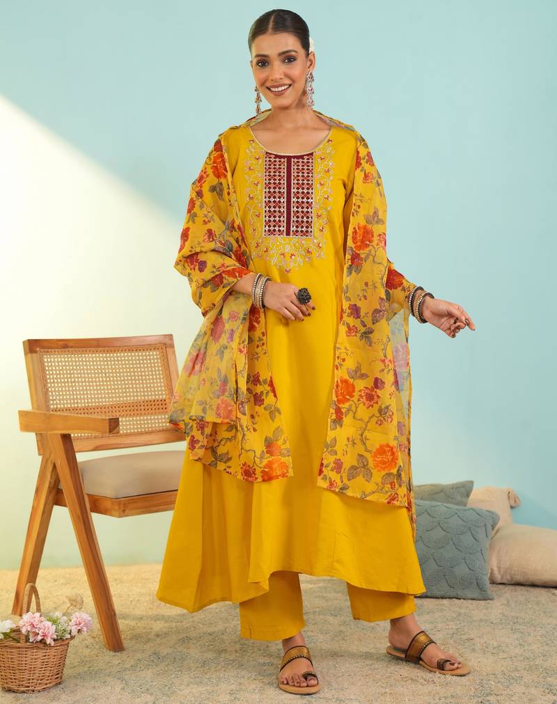 Mustard viscose silk kurta set with organza printed dupatta | readymade suit