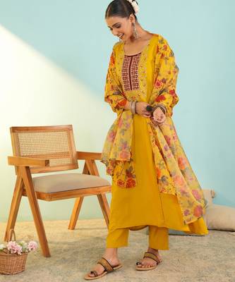 Mustard viscose silk kurta set with organza printed dupatta | readymade suit 3