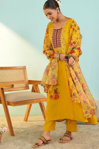 Mustard viscose silk kurta set with organza printed dupatta | readymade suit