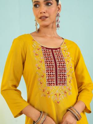 Mustard viscose silk kurta set with organza printed dupatta | readymade suit 4