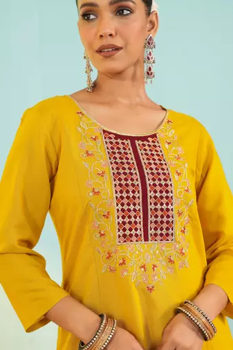 Mustard viscose silk kurta set with organza printed dupatta | readymade suit