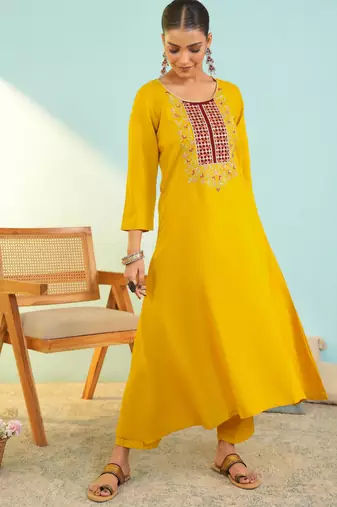 Mustard viscose silk kurta set with organza printed dupatta | readymade suit