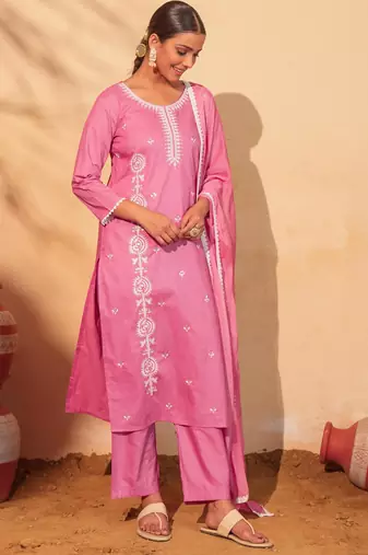 Peach cotton silk embroidery kurta set with nazneen dupatta | salwar suit