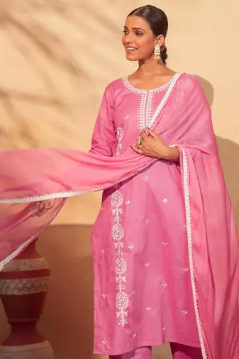 Peach cotton silk embroidery kurta set with nazneen dupatta | salwar suit