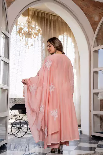 Peach chanderi silk v neck kurta set with embroidered dupatta | readymade suit