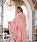 Peach chanderi silk v neck kurta set with embroidered dupatta | readymade suit