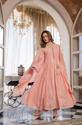 Peach chanderi silk v neck kurta set with embroidered dupatta | readymade suit 3