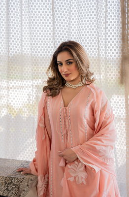 Peach chanderi silk v neck kurta set with embroidered dupatta | readymade suit 4