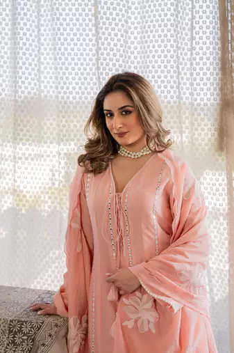 Peach chanderi silk v neck kurta set with embroidered dupatta | readymade suit