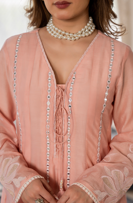 Peach chanderi silk v neck kurta set with embroidered dupatta | readymade suit 5