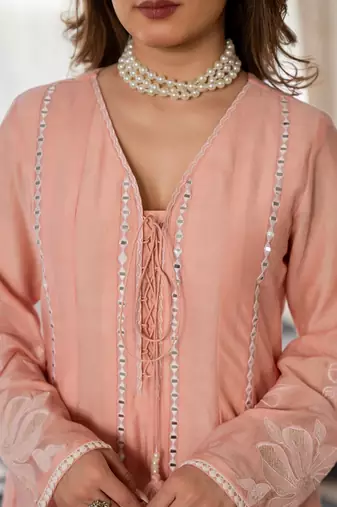 Peach chanderi silk v neck kurta set with embroidered dupatta | readymade suit