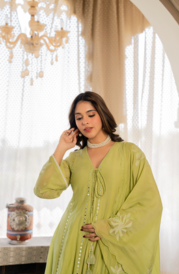 Green chanderi silk v neck kurta set with embroidered dupatta | readymade suit 4