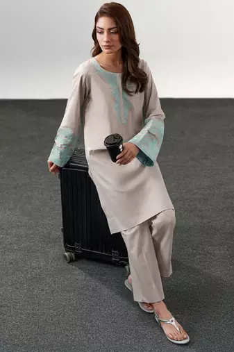Beige chanderi silk round neck kurta pant set for women | readymade suit