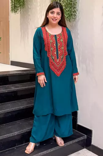 Blue french crepe silk round neck kurta pant set for women | readymade suit