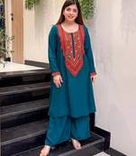 Blue french crepe silk round neck kurta pant set for women | readymade suit