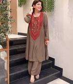 Brown french crepe silk round neck kurta pant set for women | readymade suit