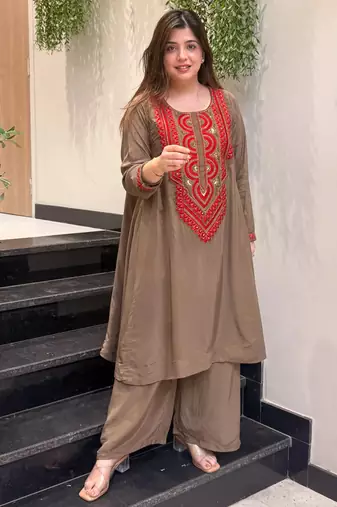 Brown french crepe silk round neck kurta pant set for women | readymade suit