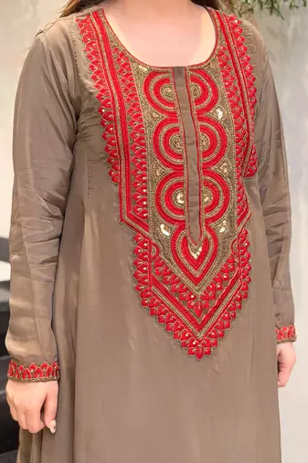Brown french crepe silk round neck kurta pant set for women | readymade suit