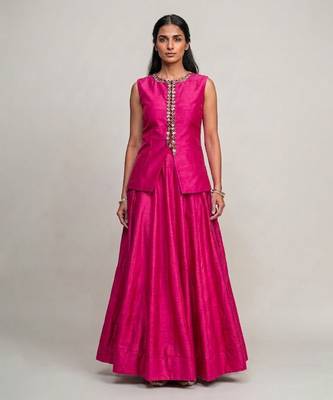 Fuchsia pink embroidered dupion silk co ord set 1