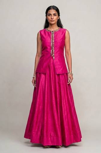 Fuchsia pink embroidered dupion silk co ord set