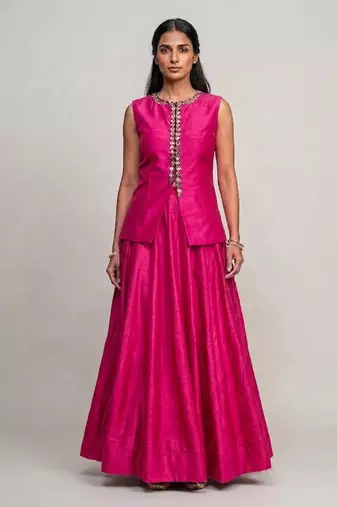Fuchsia pink embroidered dupion silk co ord set