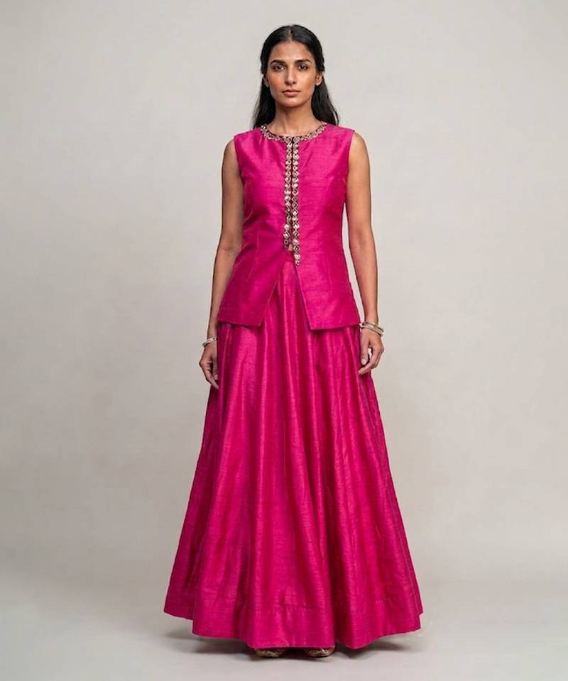 Fuchsia pink embroidered dupion silk co ord set