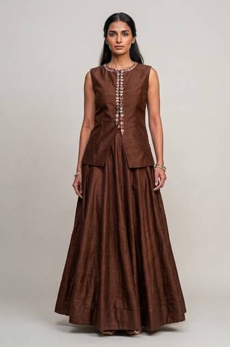 Chocolate brown embroidered dupion silk co ord set