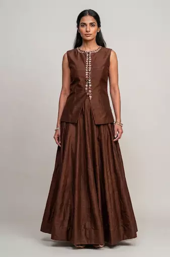 Chocolate brown embroidered dupion silk co ord set