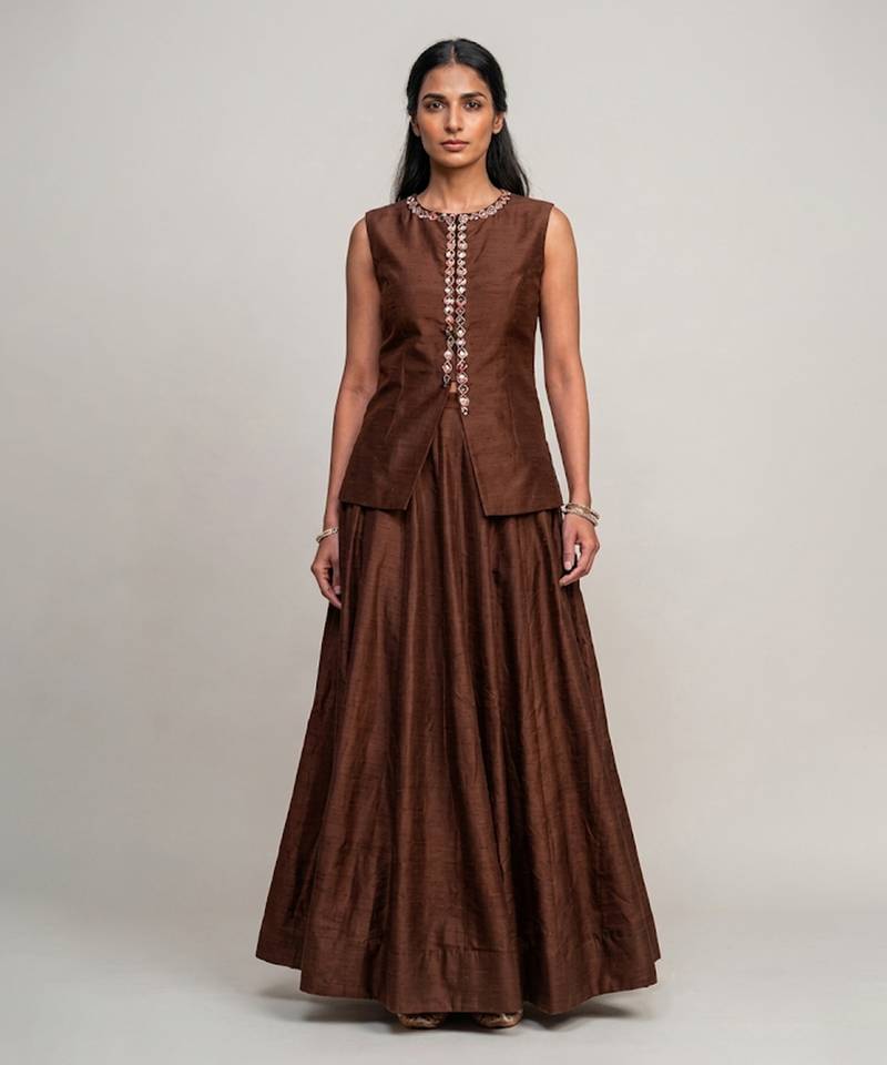 Chocolate brown embroidered dupion silk co ord set