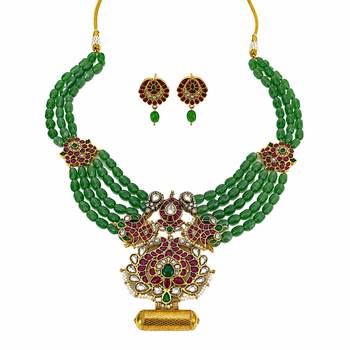 Emerald kundan floral necklace & earring set 2
